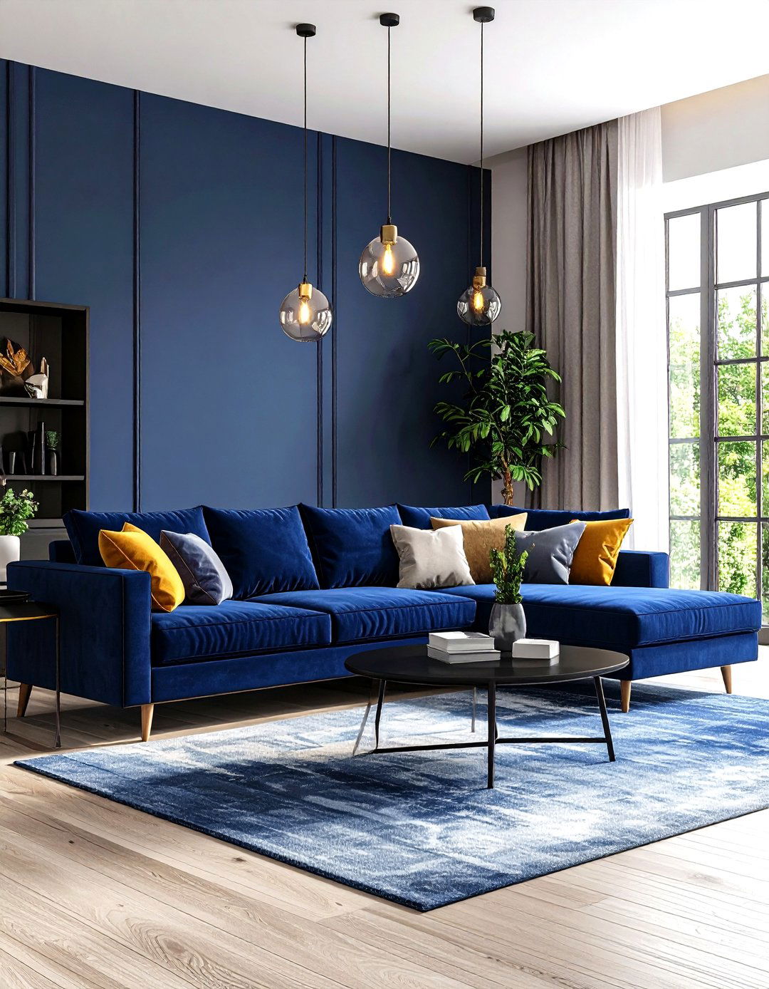 Midnight Blue Sectional with Black Coffee Table - 24 Black and Blue Living Room Ideas