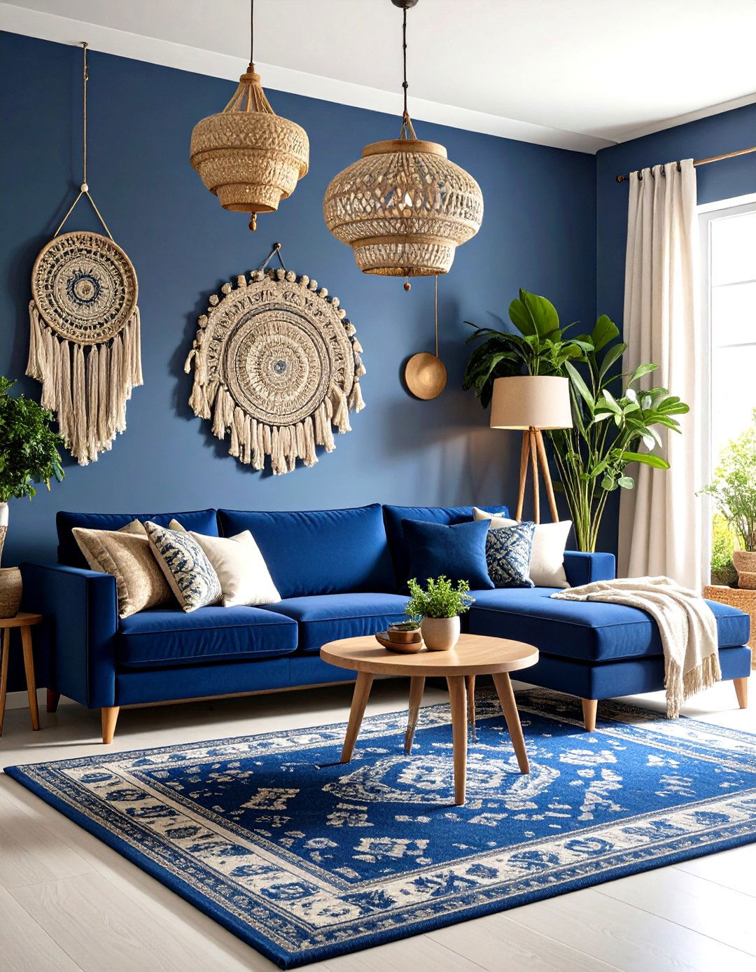 Midnight Blue Textile Layering Boho Room - 24 Moody Boho Living Room Ideas