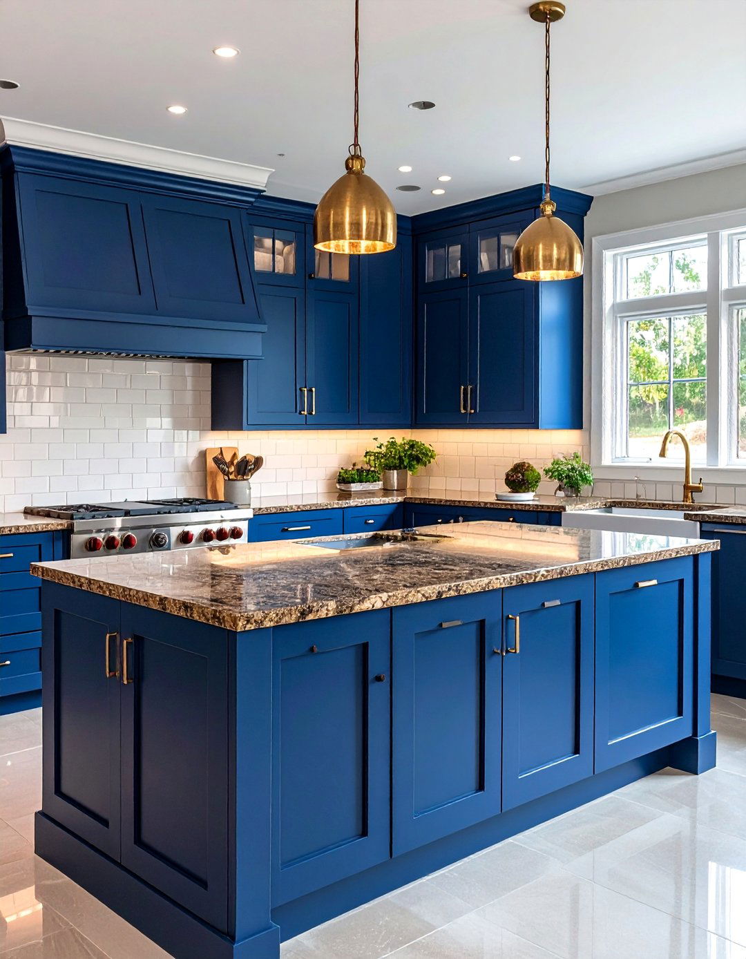 Midnight Blue Transitional Cabinets with Autumn Brown Granite - 24 blue kitchen cabinets with brown granite countertops