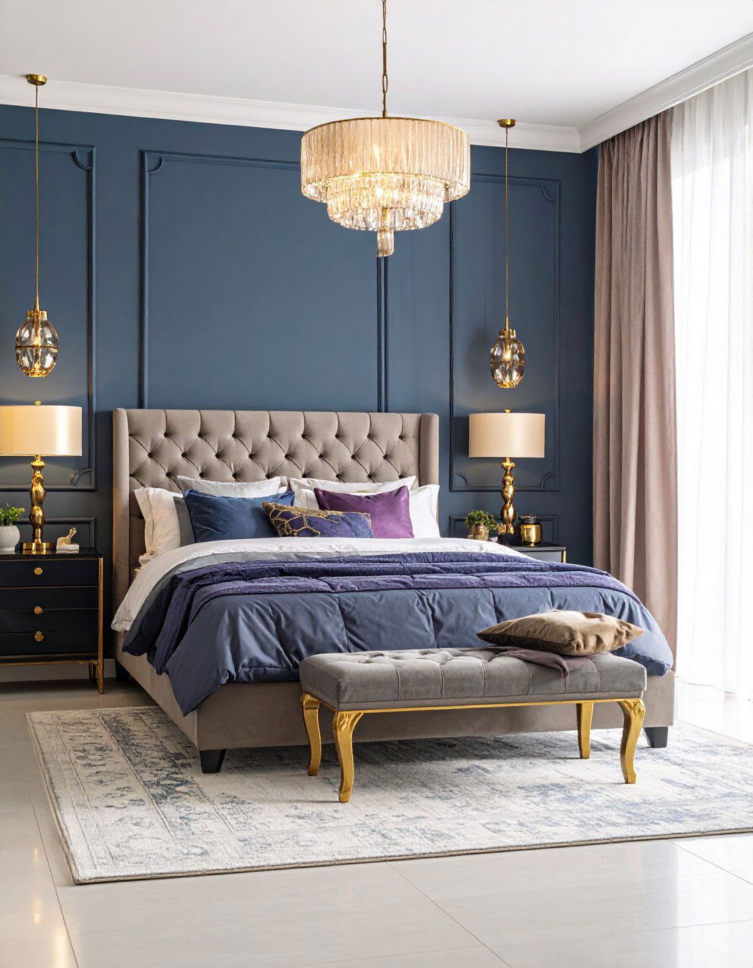 Midnight Blue Walls with Amethyst Details - 24 Blue and Purple Bedroom Ideas