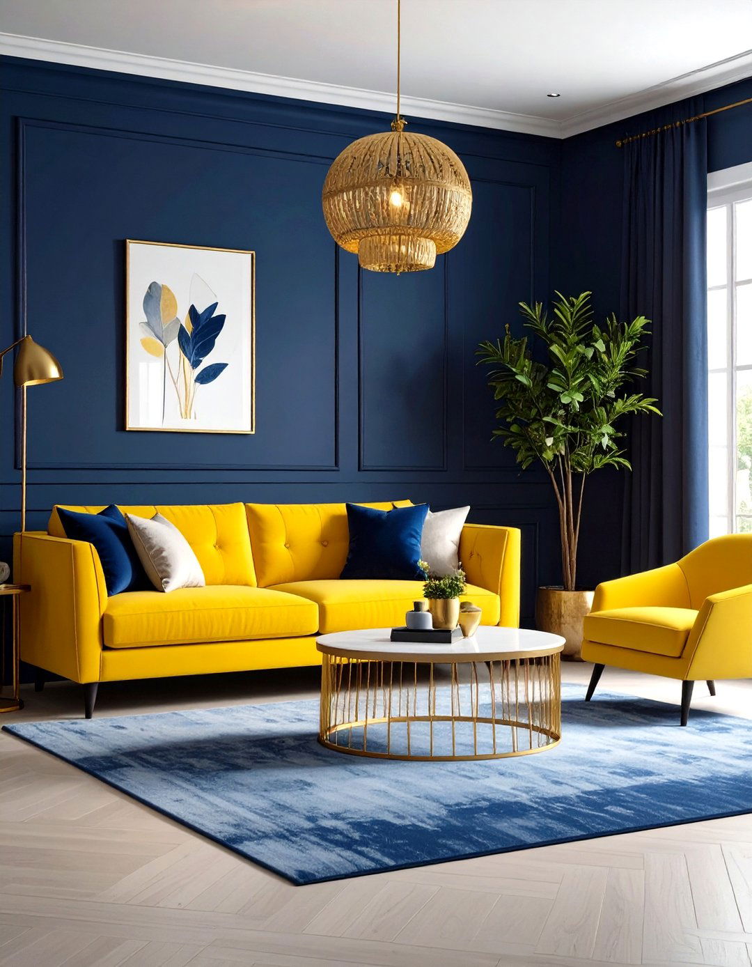 Midnight Blue and Canary Yellow Dramatic - 24 Yellow and Blue Living Room Ideas