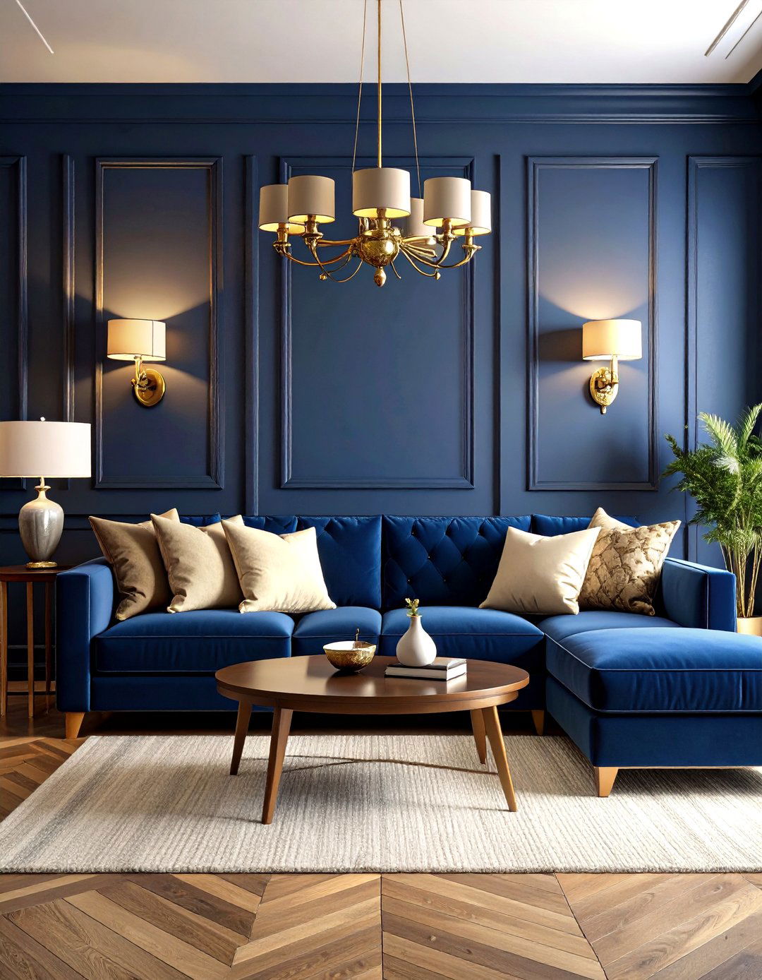 Midnight Navy Living Room with Brass Accents - 24 Moody Living Room Ideas