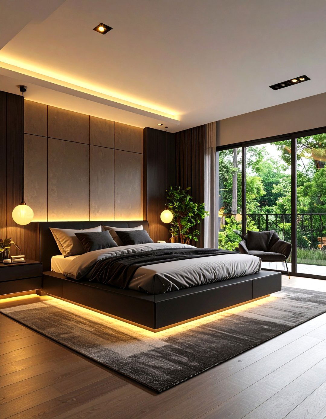 Minimalist Black Bedroom with Gold Lighting Focus - 24 Black and Gold Bedroom Ideas
