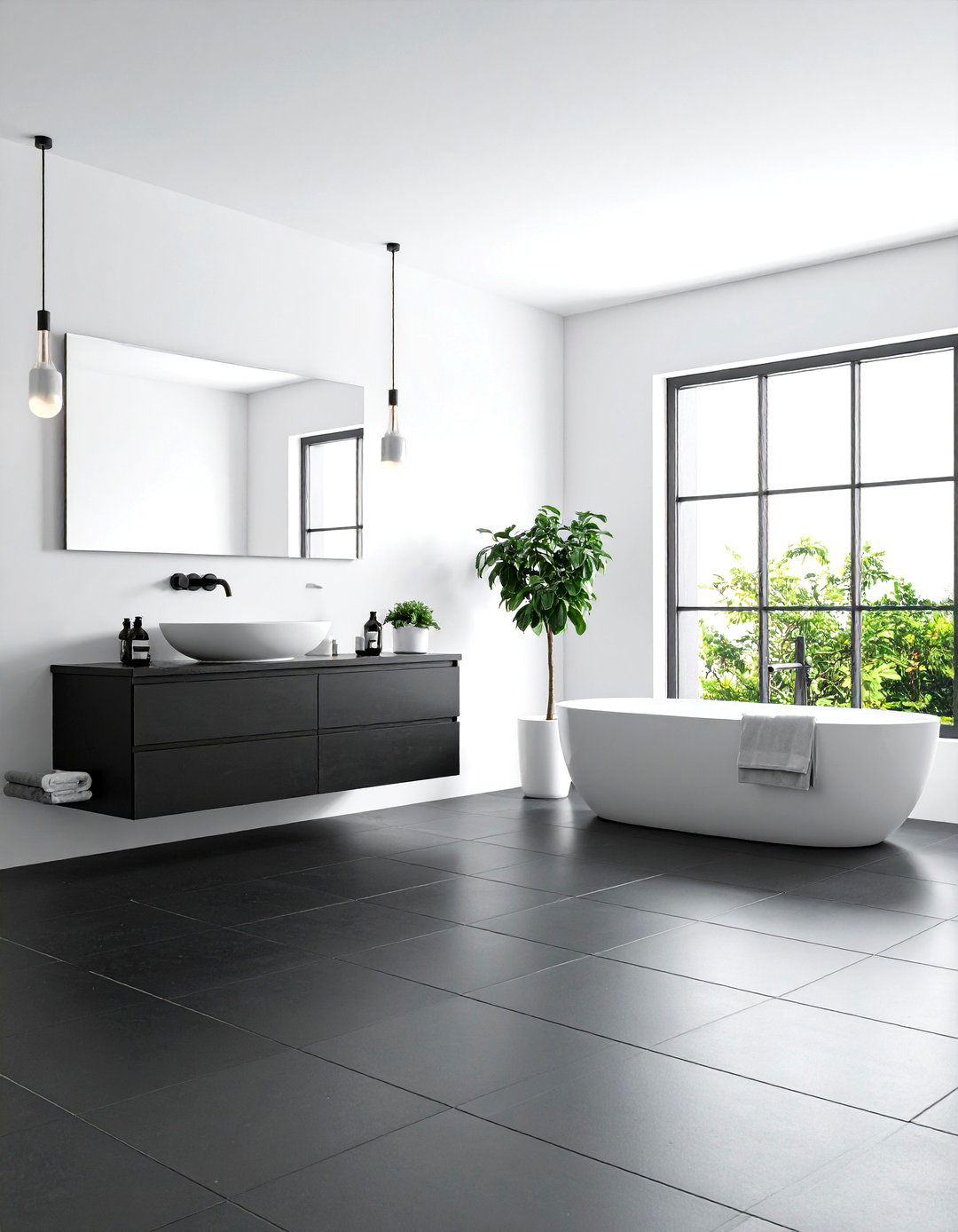 Minimalist Black Ceramic Floor with White Smooth Walls - 24 Black Floor Bathroom With White Walls Ideas
