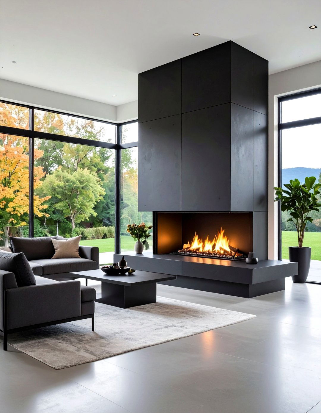 Minimalist Black Concrete Fireplace Design - 24 Black Fireplace Ideas