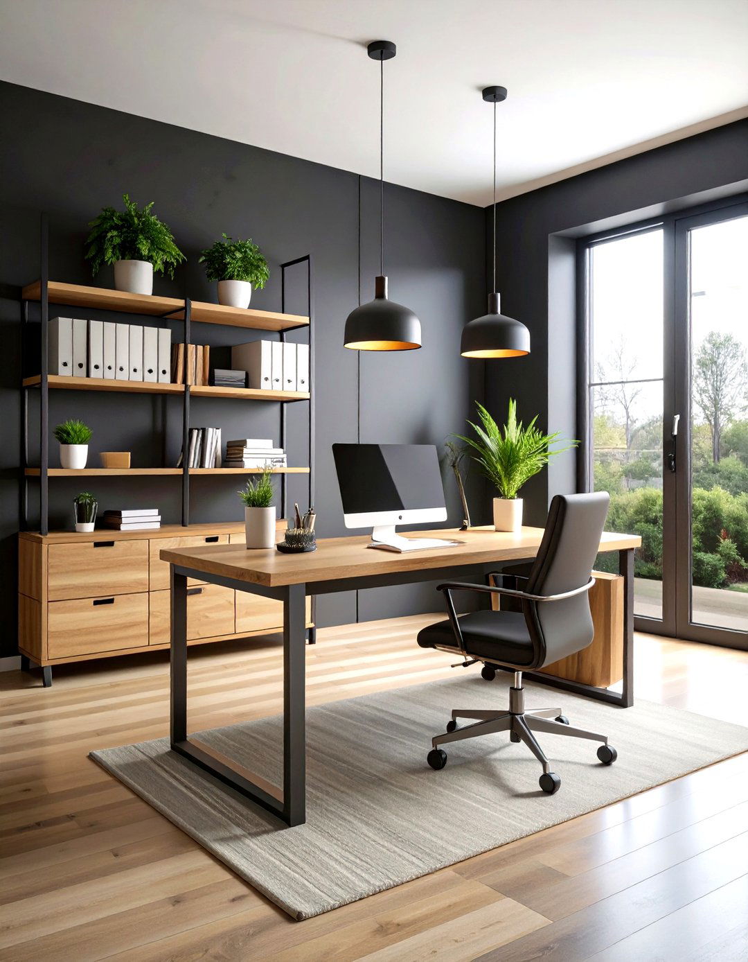 Minimalist Black Office with Natural Wood - 24 dark home office design ideas