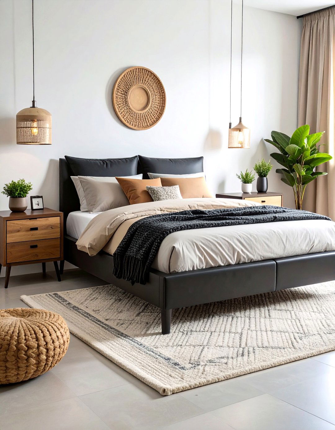 Minimalist Black Platform Bed with Natural Wood Accents - 24 Black and Brown Bedroom Ideas