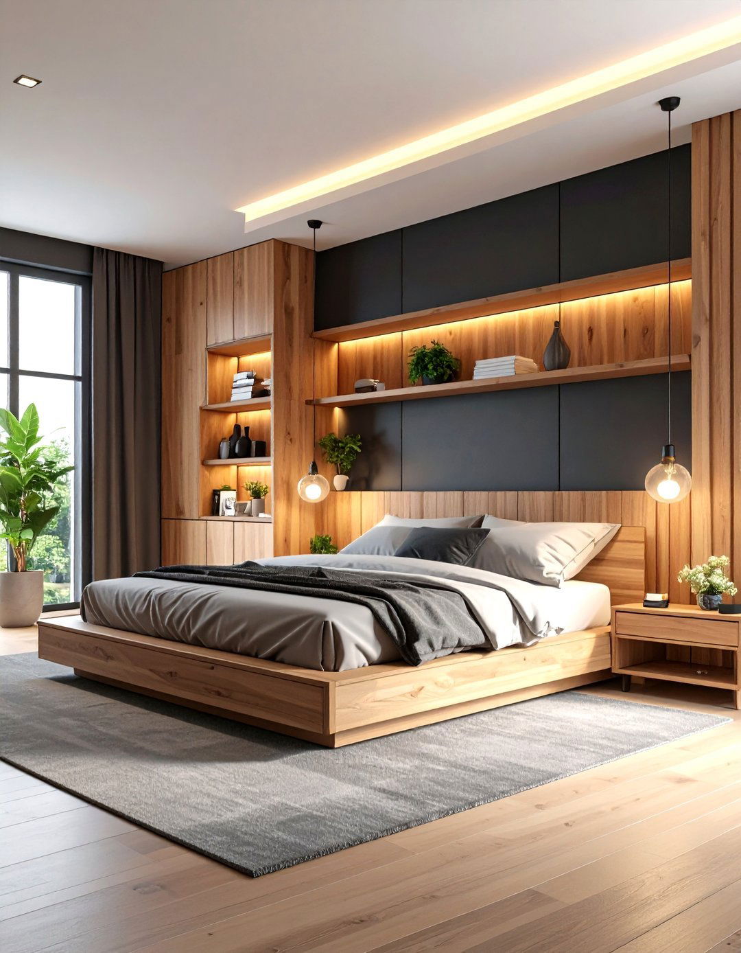 Minimalist Black Walls with Warm Wood Storage Solutions - 24 Black and Brown Bedroom Ideas