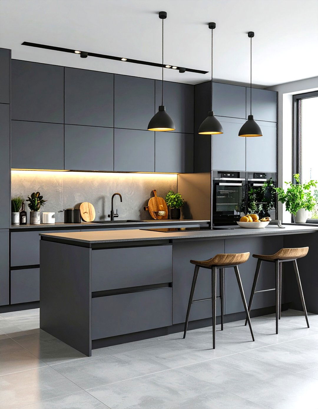 Minimalist Gray Slab with Black Linear Hardware - 24 Gray and Black Kitchen Ideas