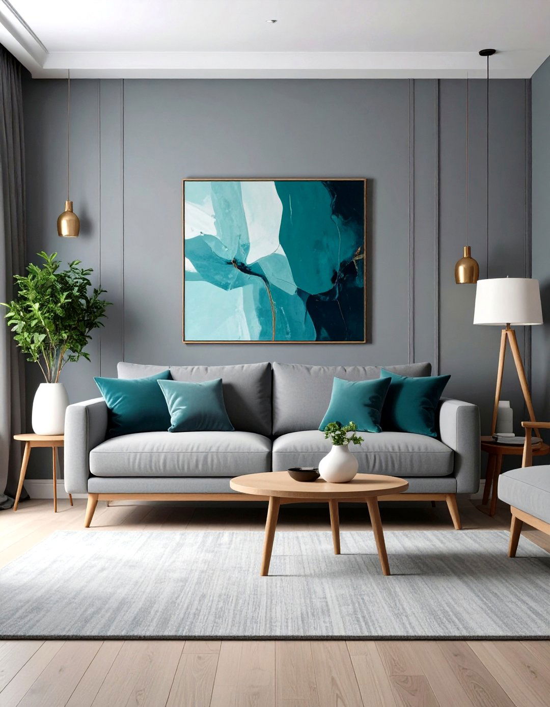 Minimalist Grey Walls with Teal Statement Artwork - 24 Teal and Grey Living Room Ideas