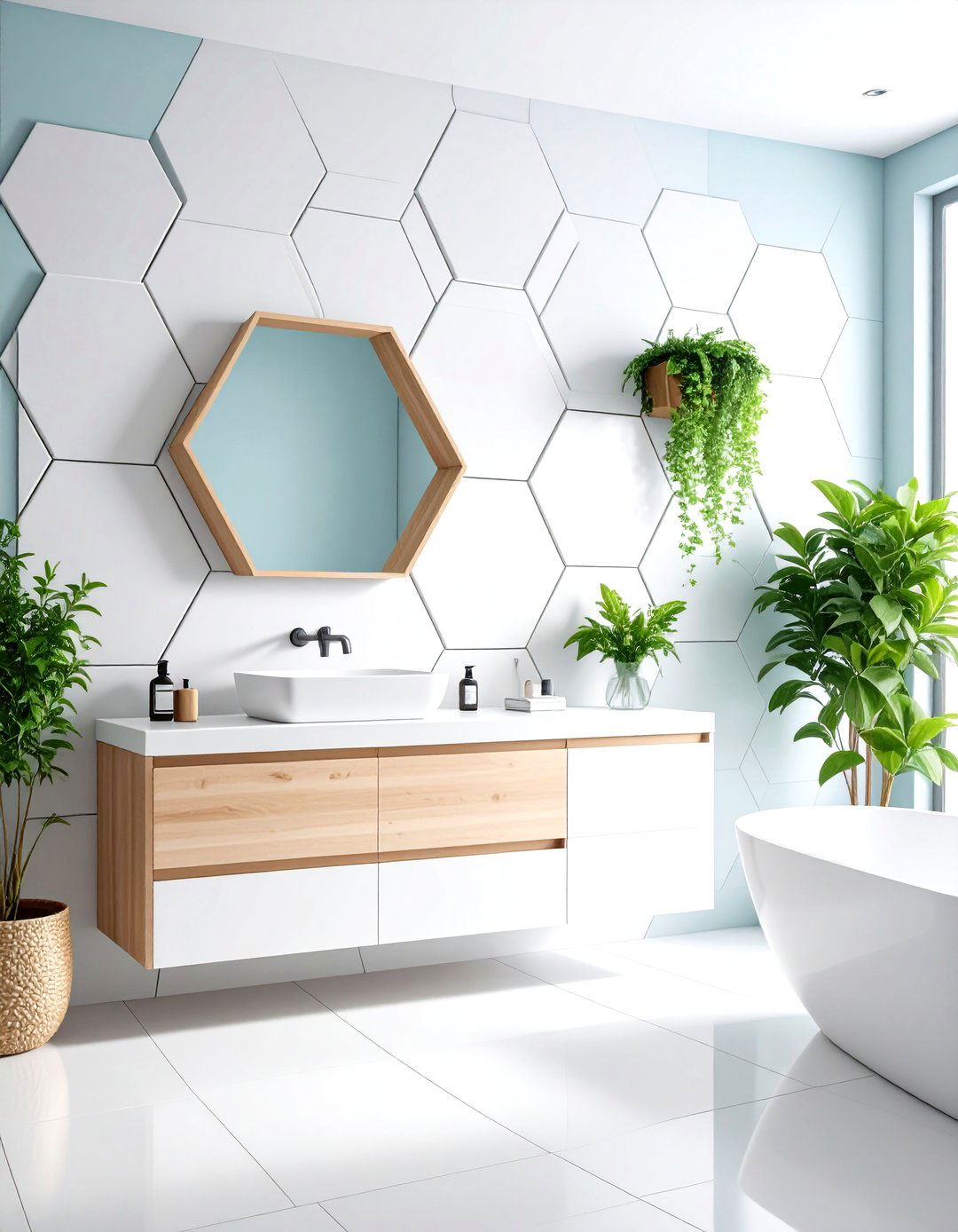Minimalist Large Hexagon Wall Systems - 24 Hexagon Tiles Ideas for Bathrooms