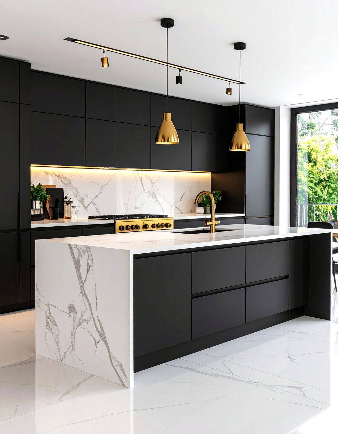 Minimalist Modern with Handleless Black Cabinets - 24 black white and gold kitchen ideas