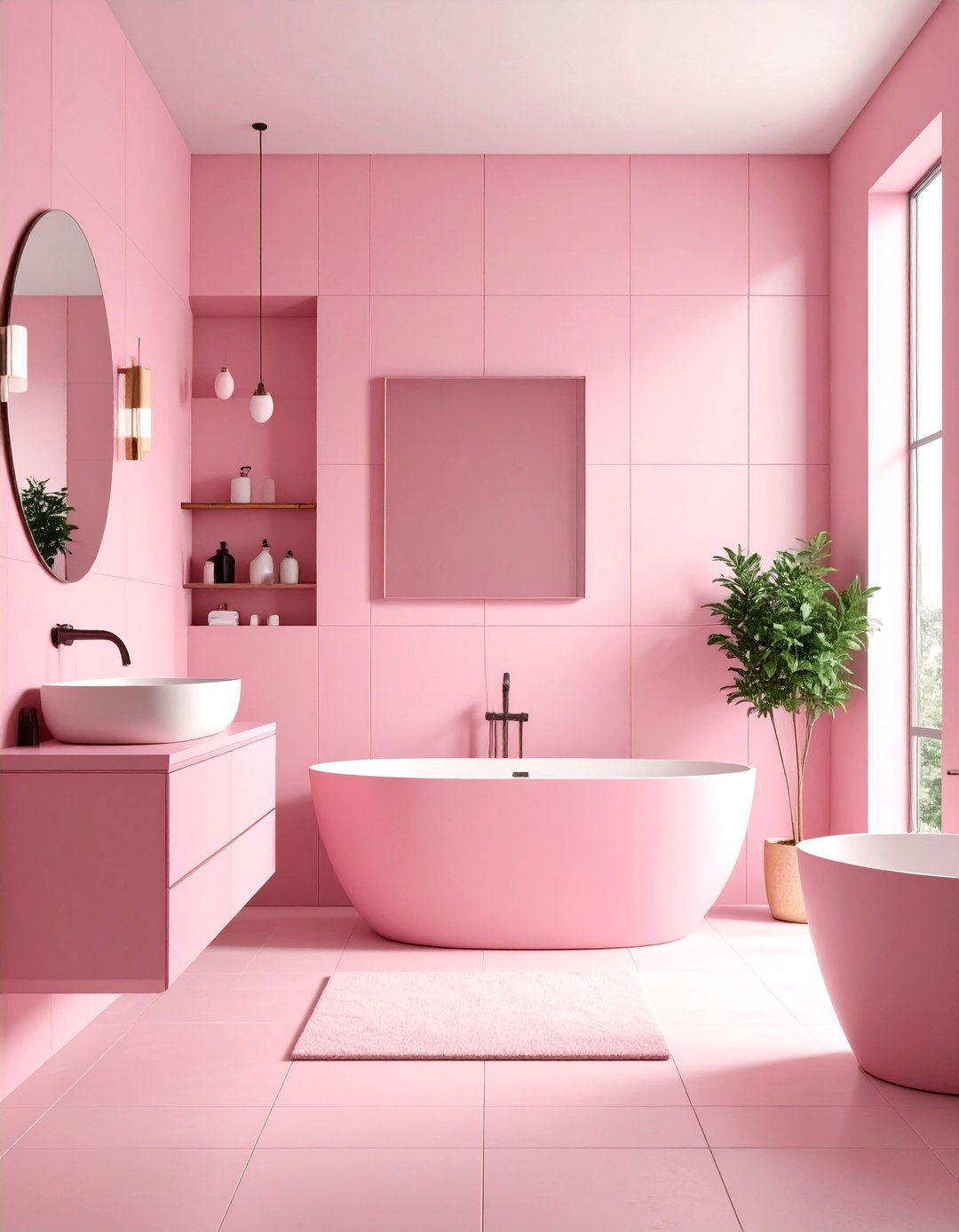 Minimalist Pink Monochrome Bathroom - 24 Pink Tile Bathroom Ideas