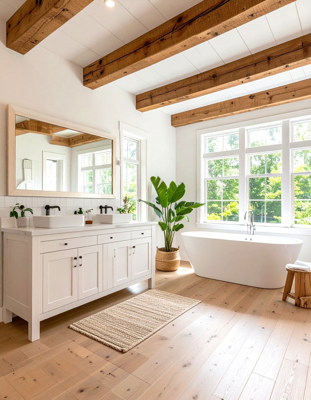 Minimalist White Bathroom with Wood Ceiling Beams - 24 Japandi Bathroom Ideas