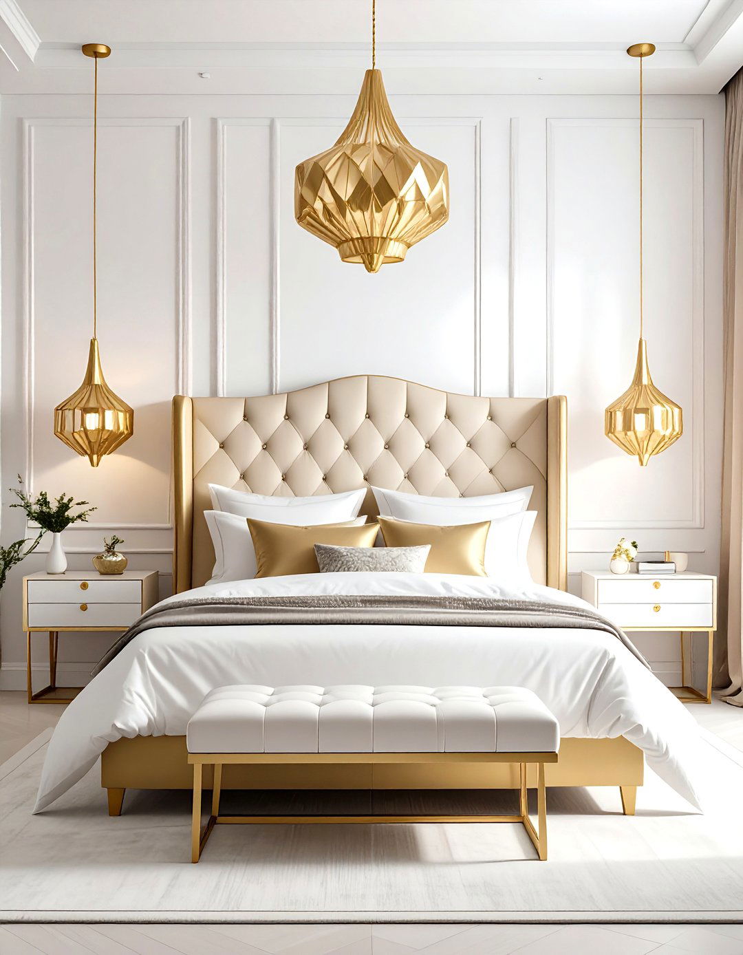 Minimalist White Bedroom with Sculptural Gold Elements - 24 White and Gold Bedroom Ideas