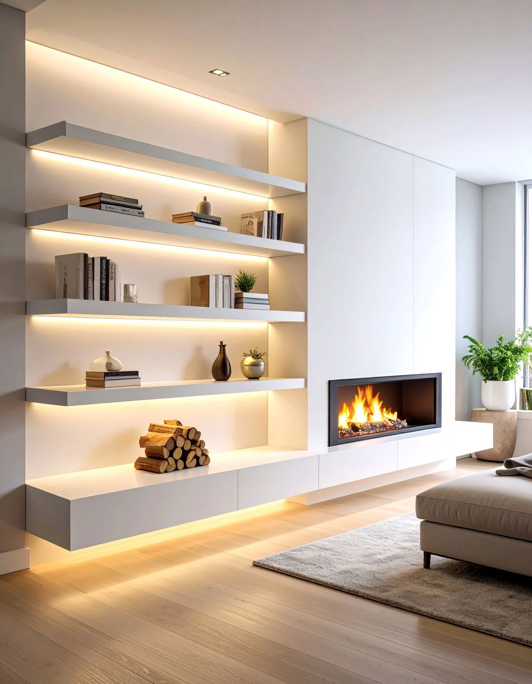 Minimalist White Floating Shelves with LED Backlighting - 24 Fireplace Floating Shelves Design Ideas