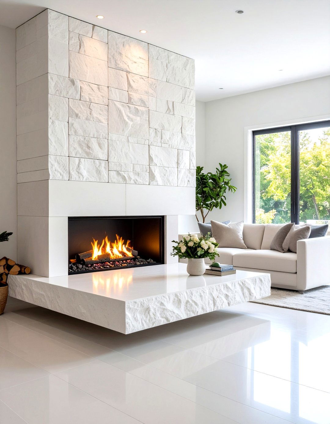 Minimalist White Stone Floating Hearth - 24 White Stone Fireplace Ideas