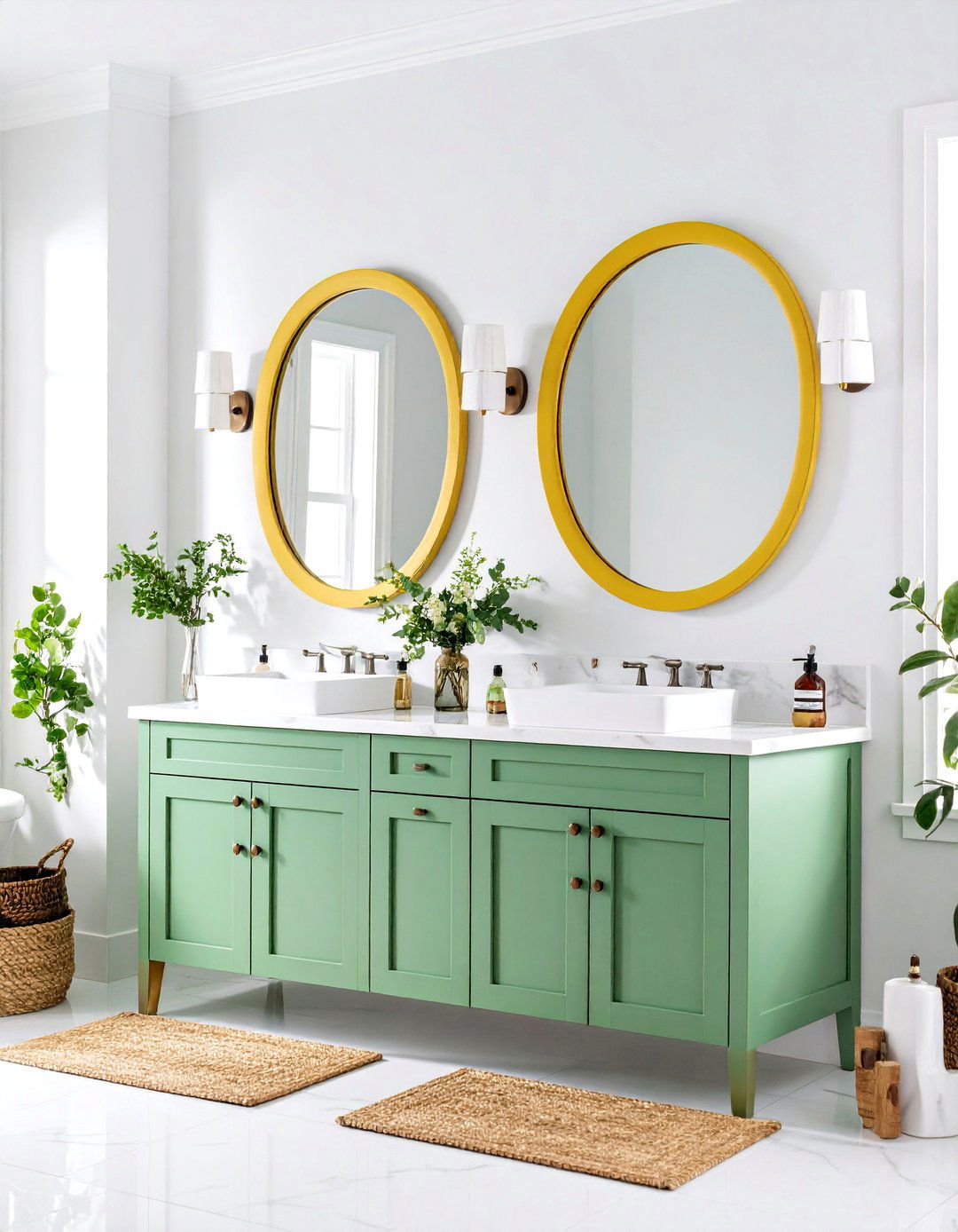 Mint Green Cabinet Hardware with Sunny Yellow Mirrors - 24 Yellow and Green Bathroom Ideas