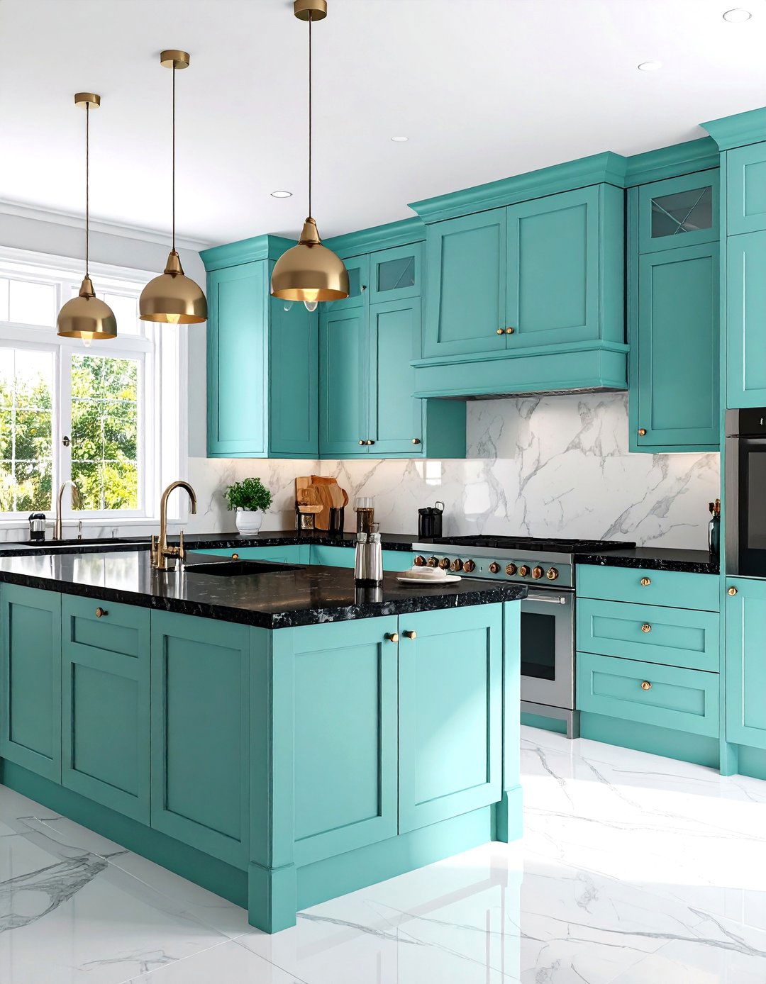 Mint Green Cabinets with Black Granite and Chrome Details - 24 Green Kitchen Cabinets With Black Countertops