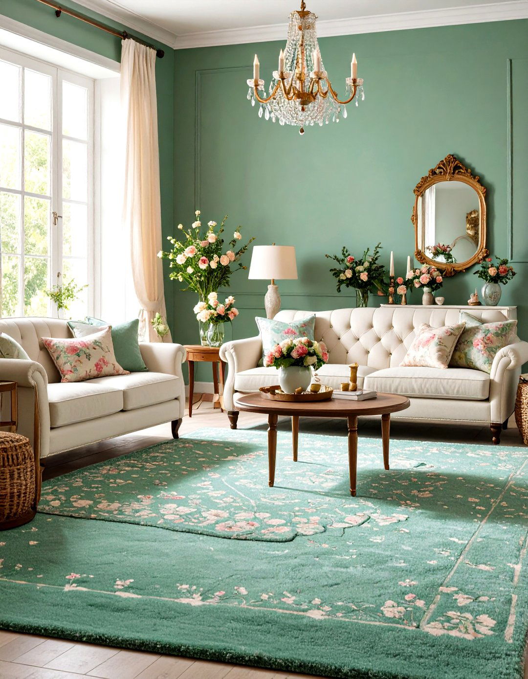 Mint Green Carpet Living Room with Shabby Chic Elements - 24 Green Carpet Living Room Ideas