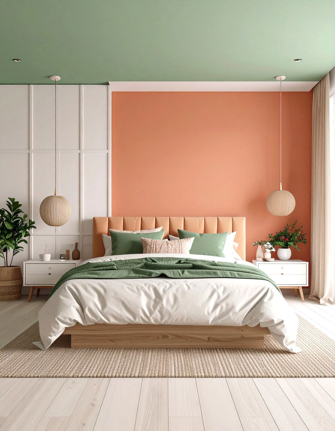 Mint Green Ceiling with Coral Pink Walls - 24 Pink and Green Bedroom Ideas