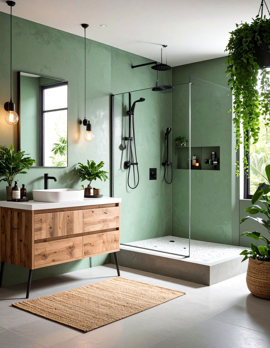 Mint Green Concrete Shower with Grey Wood Vanity - 24 Green and Grey Bathroom Ideas
