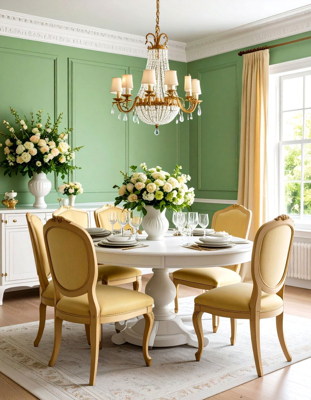 Mint Green Dining Room with White Wainscoting - 24 Green Dining Room Ideas