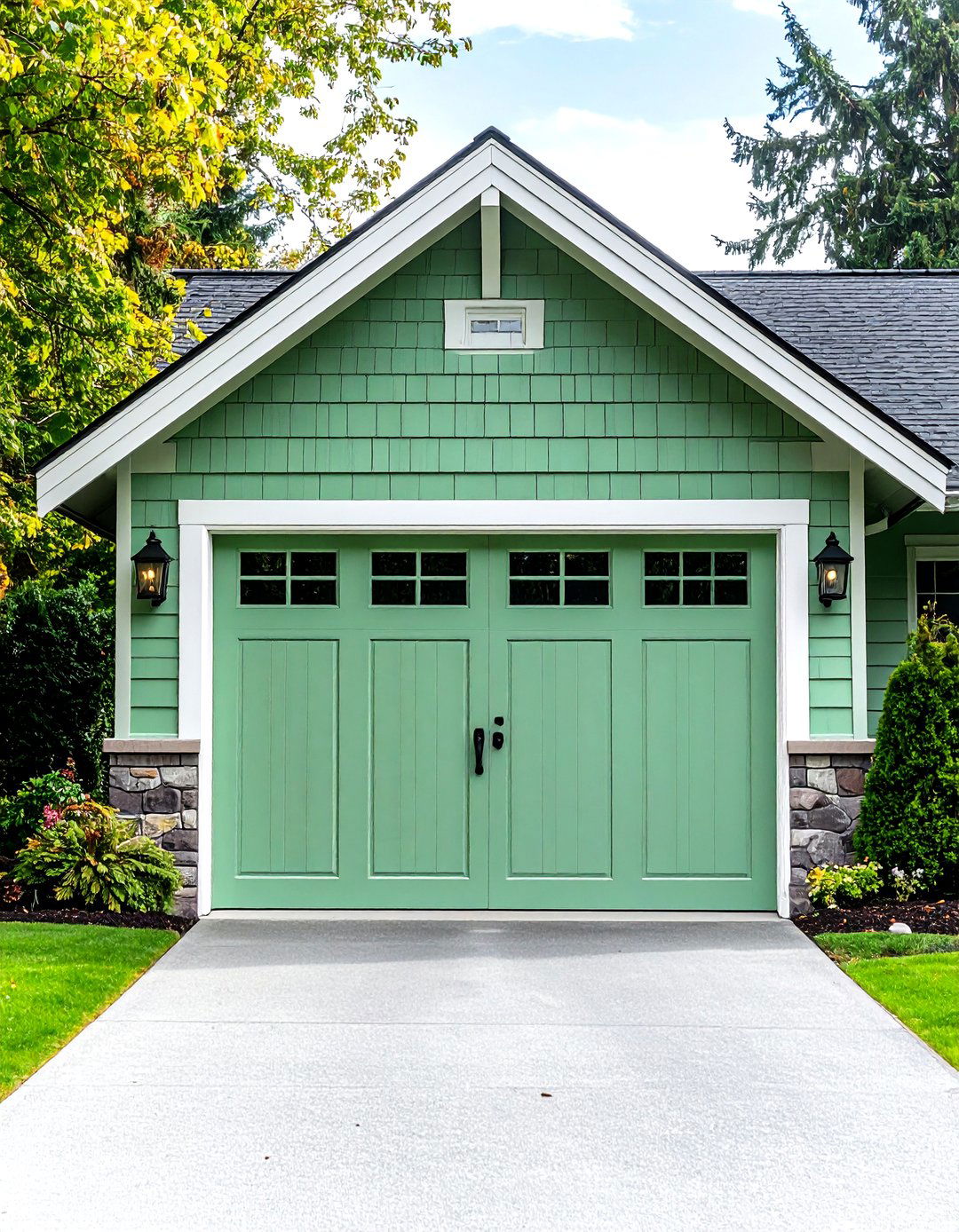 Mint Green Fiberglass Door with Decorative Hardware - 24 Green Garage Door Ideas