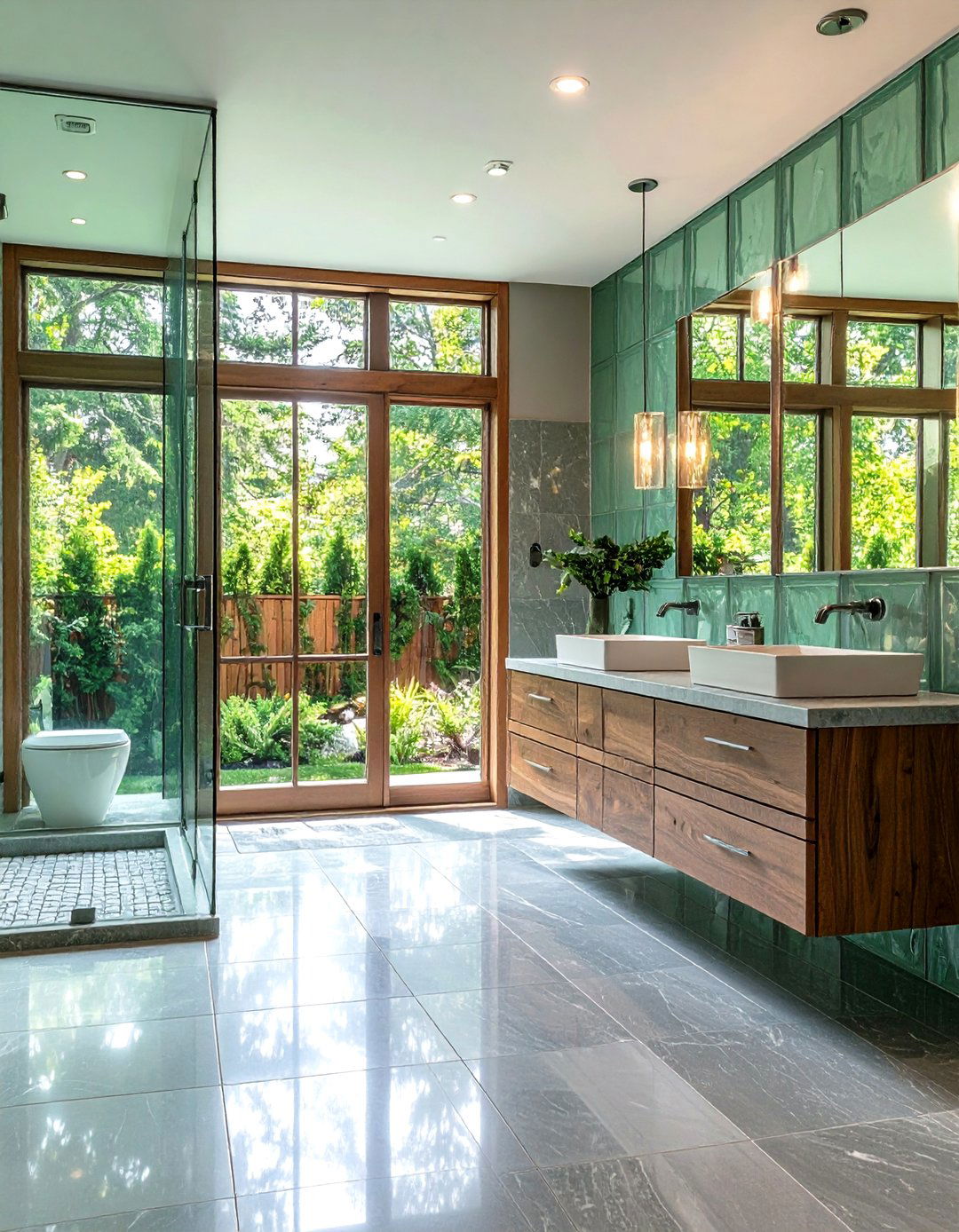 Mint Green Glass Blocks with Polished Grey Granite - 24 Green and Grey Bathroom Ideas