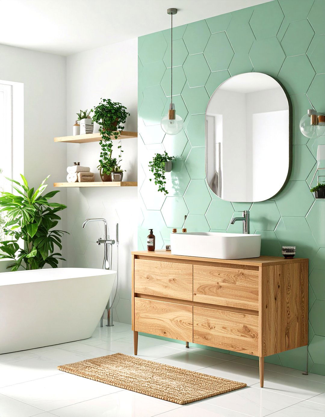 Mint Green Hexagon Tile Feature Wall - 24 Mint Green Bathroom Ideas