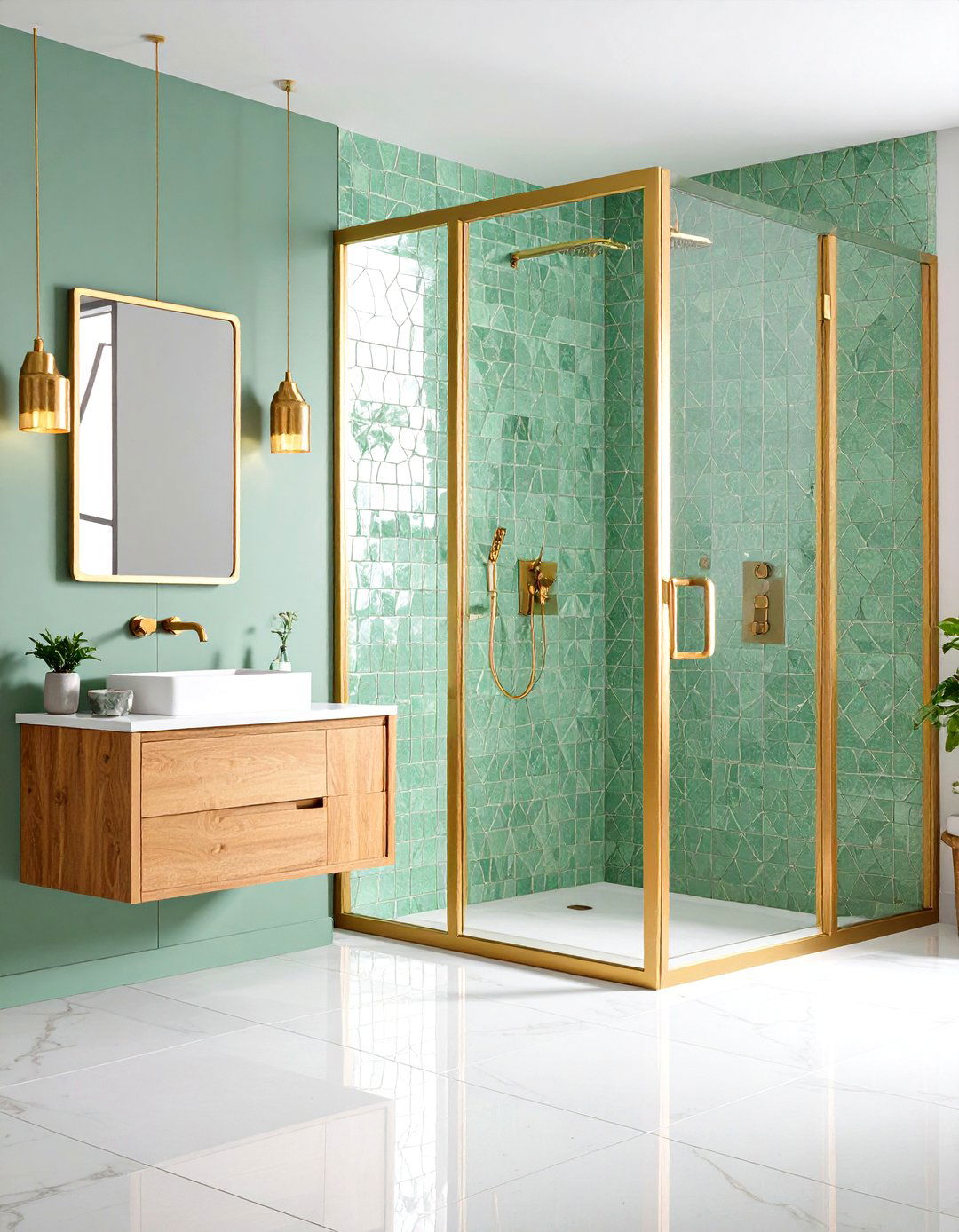 Mint Green Mosaic Tiles with Gold Frame Shower Doors - 24 Green and Gold Bathroom Ideas