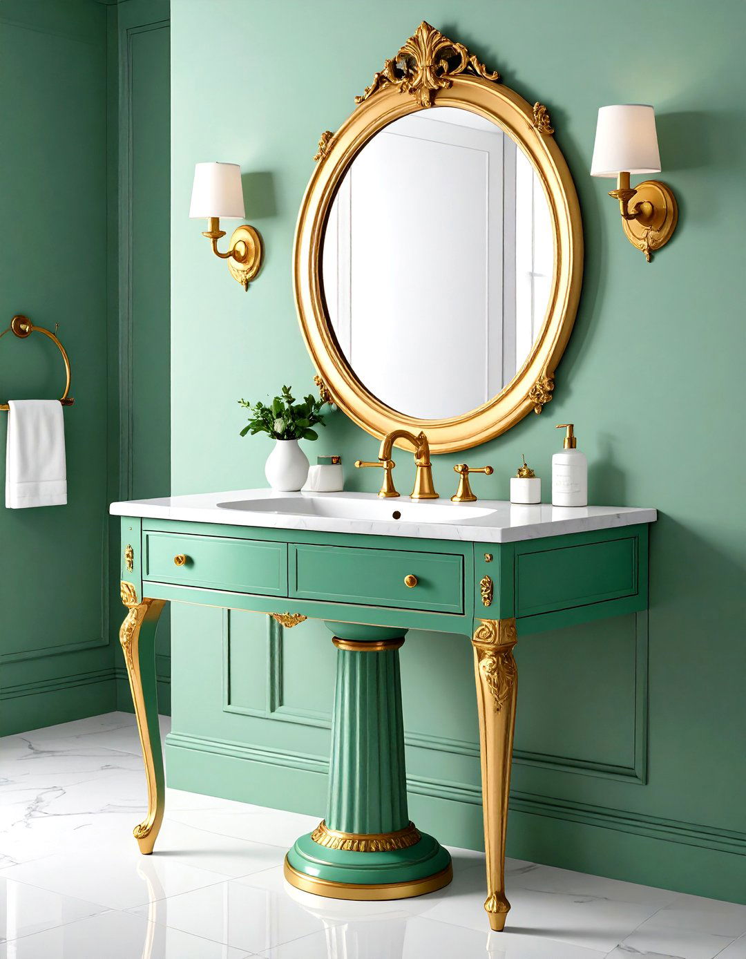 Mint Green Pedestal Sink with Gold Mirror Frame - 24 Green and Gold Bathroom Ideas