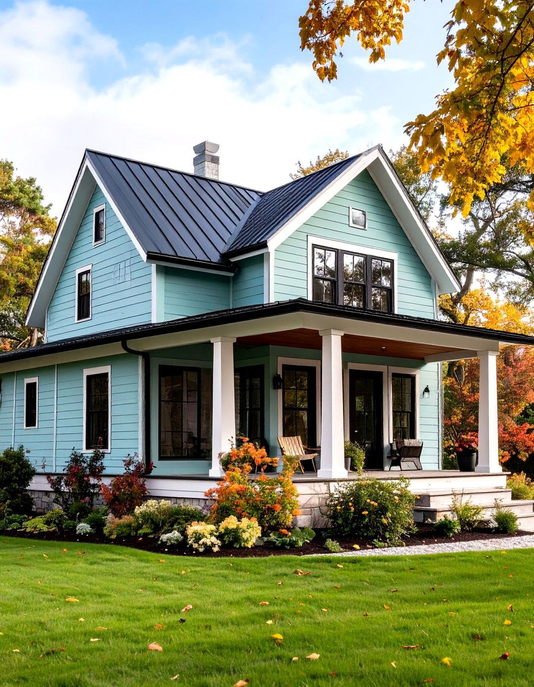 Mint Green Shiplap with Black Metal Roof - 24 Farmhouse Green Exterior Home Ideas