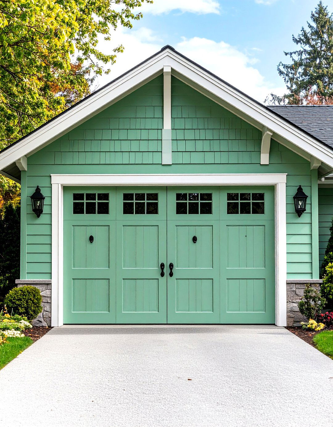 Mint Green Steel Door with Carriage House Hardware - 24 Green Garage Door Ideas