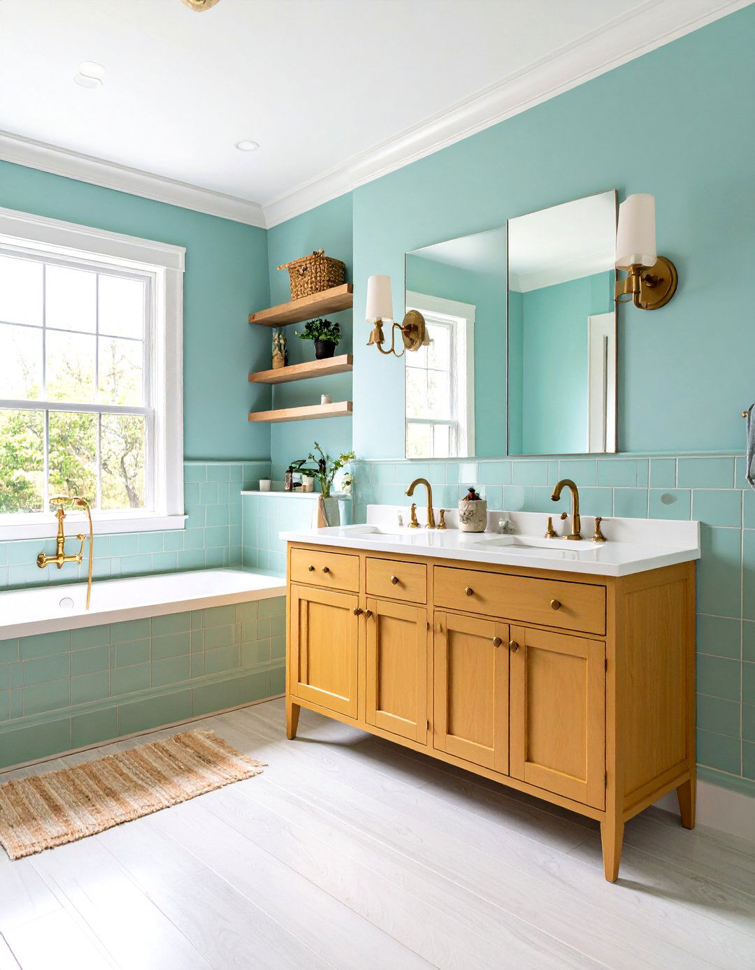Mint Green Subway Tiles with Golden Yellow Vanity - 24 Yellow and Green Bathroom Ideas
