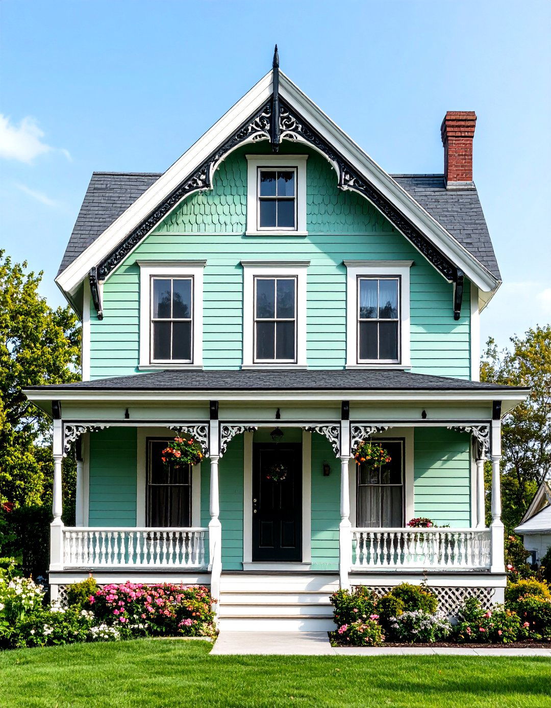 Mint Green Victorian with Black Gingerbread Trim - 24 Green House Exterior With Black Trim