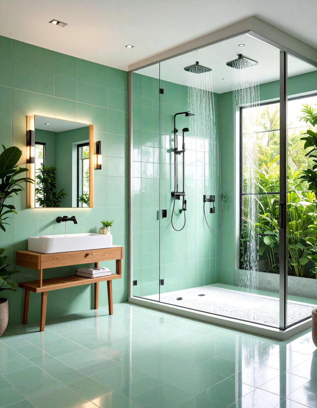 Mint Green Walk In Shower with Built In Bench - 24 Mint Green Bathroom Ideas