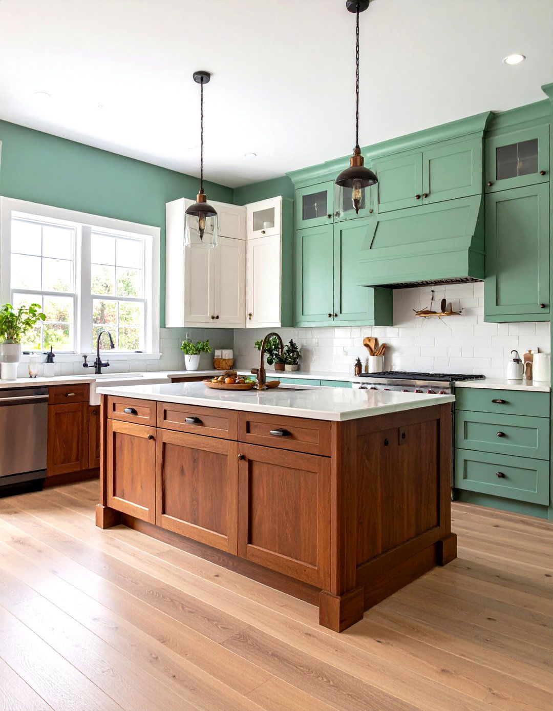 Mint Green Walls with Espresso Brown Lower Cabinets - 24 Green and Brown Kitchen Ideas
