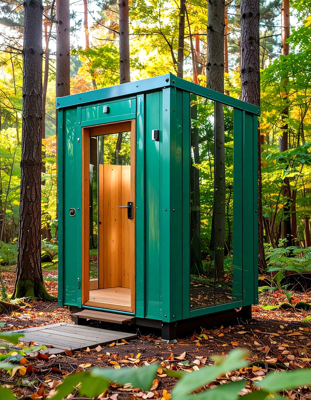 Mirror Clad Reflective Outhouse with Camouflage Effect - 24 Outhouse Design Ideas