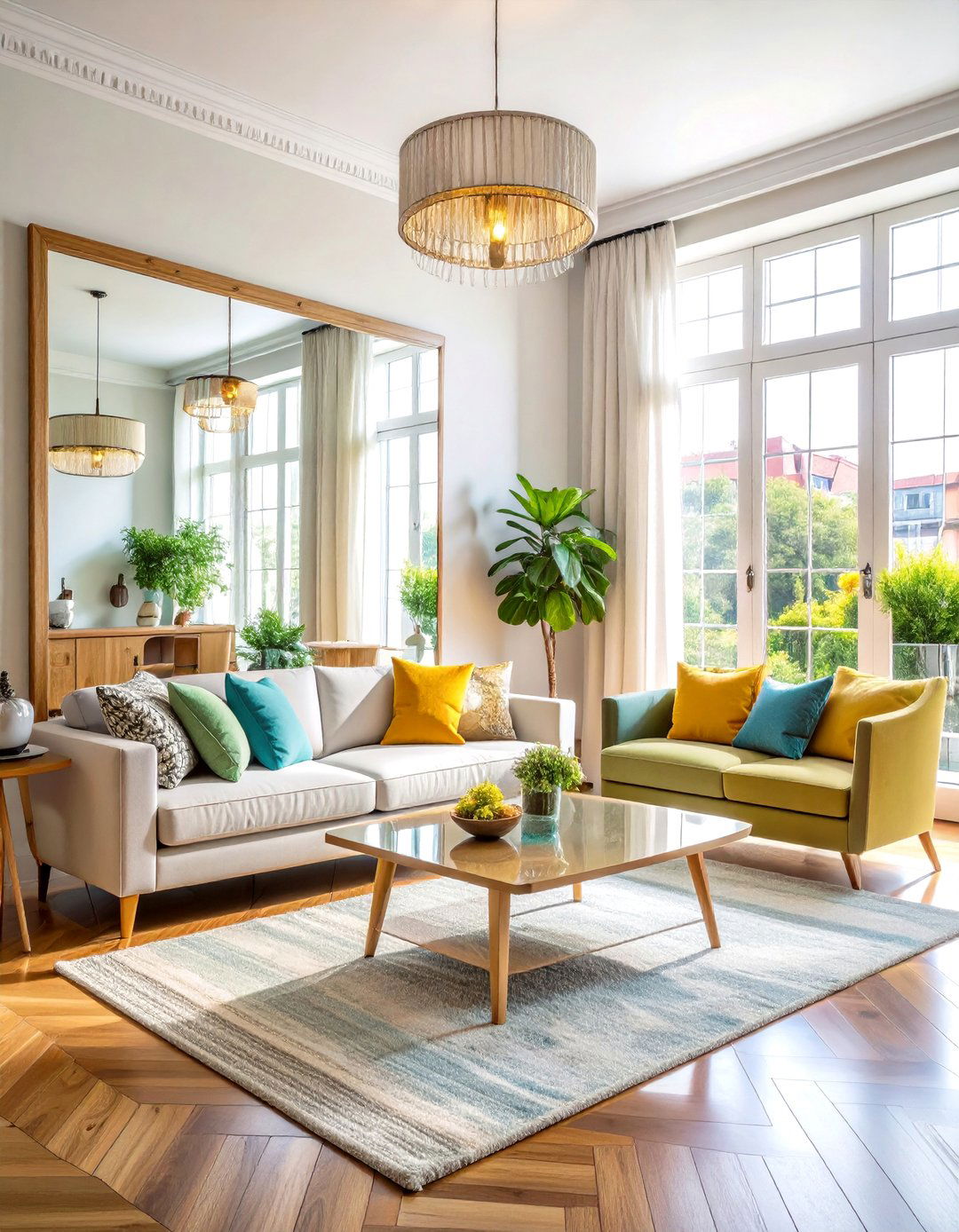 Mirror Enhanced Bright Living Room - 24 Apartment Small Living Room Ideas