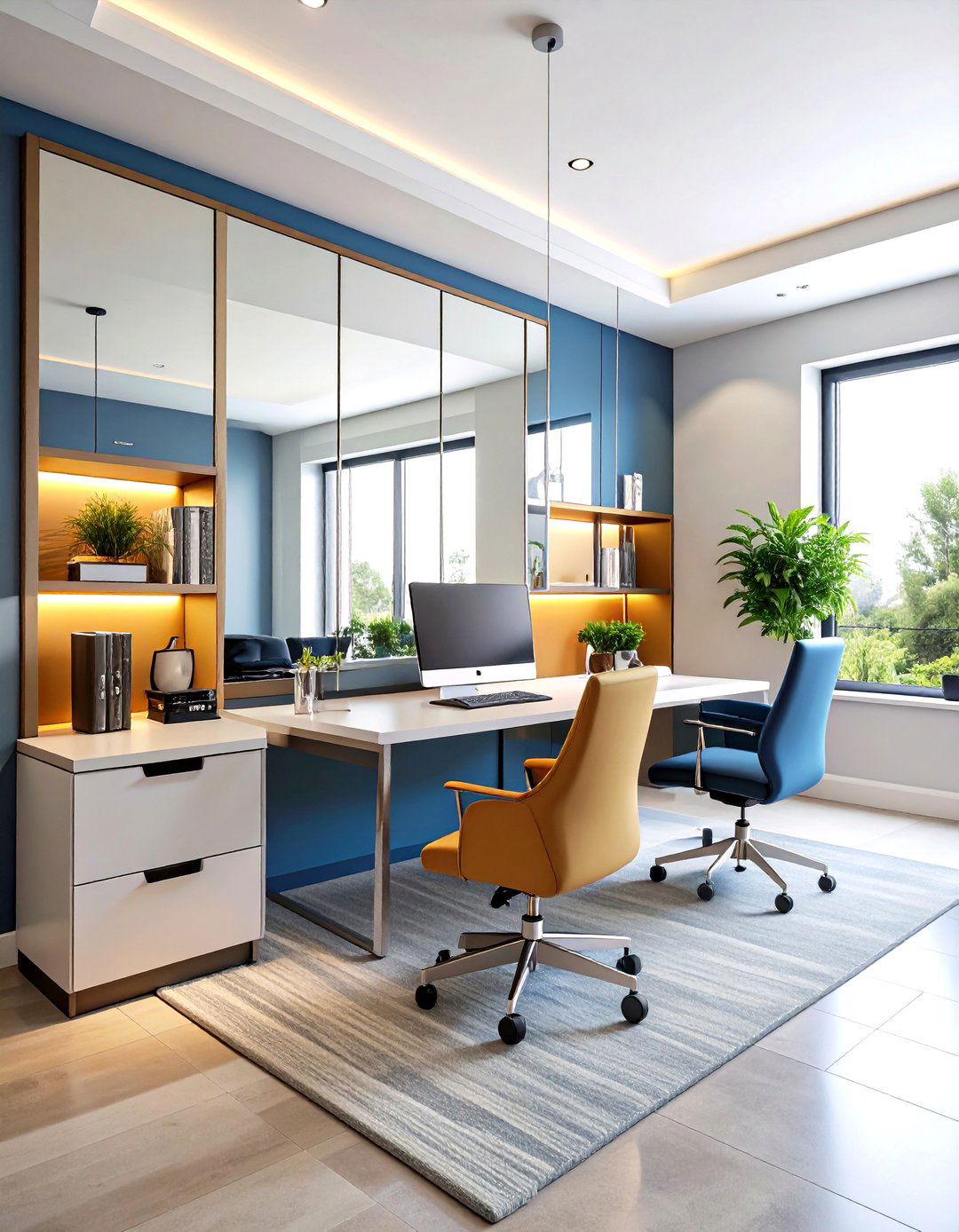 Mirror Enhanced Home Office with Light Amplification - 24 Small Home Office Ideas