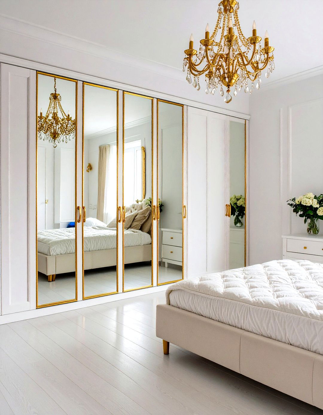 Mirror and Reflective White Bedroom with Gold Frames - 24 White and Gold Bedroom Ideas