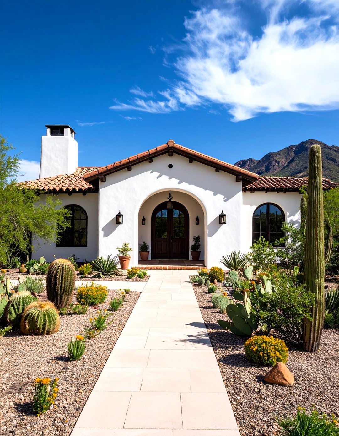 Mission Revival with Black Tile Details - 24 single story white house black trim