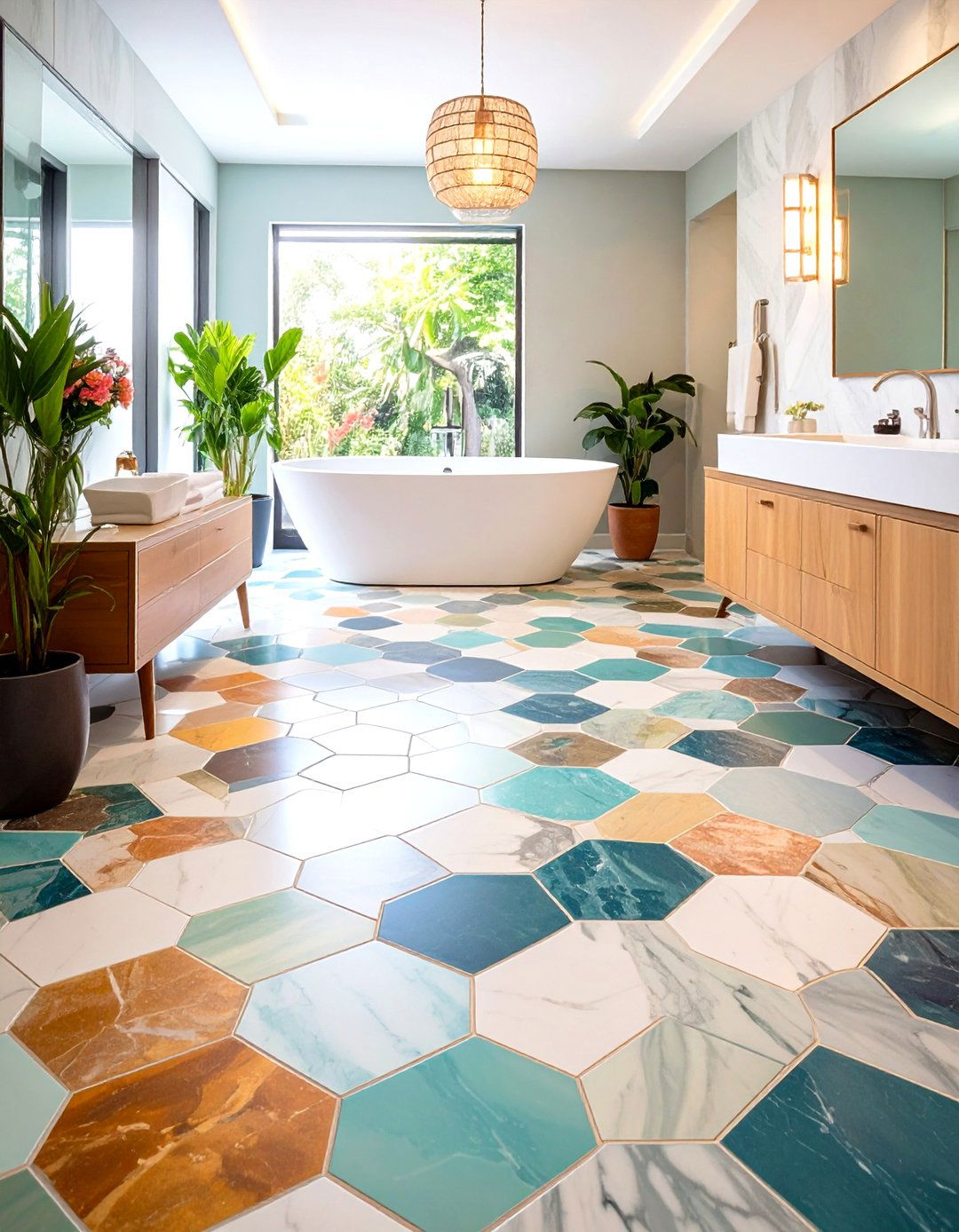 Mixed Color Hexagon Mosaic Patterns - 24 Bathrooms With Hexagon Tile Floors
