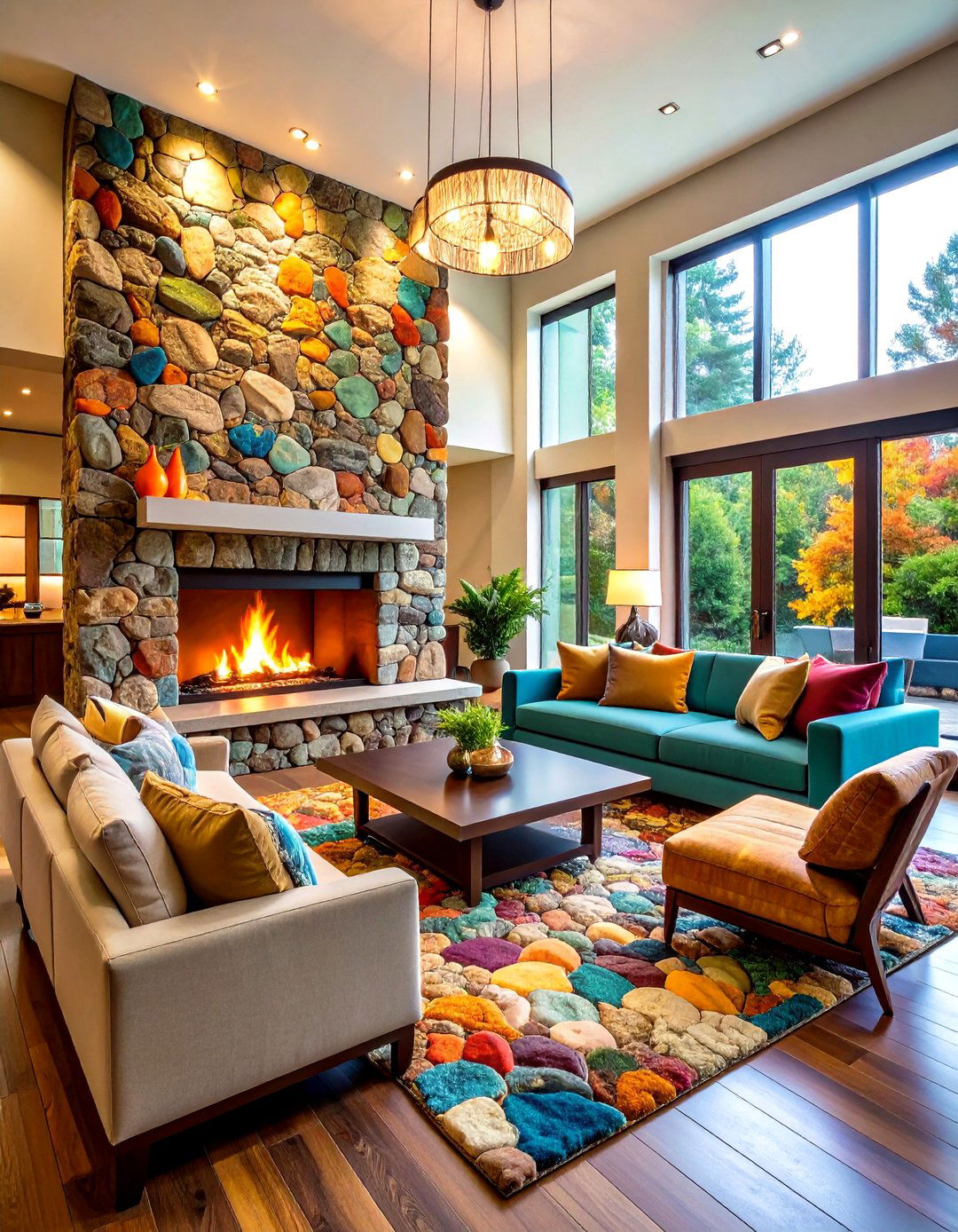 Mixed Color River Rock Artistic Pattern - 24 River Rock Fireplace Ideas