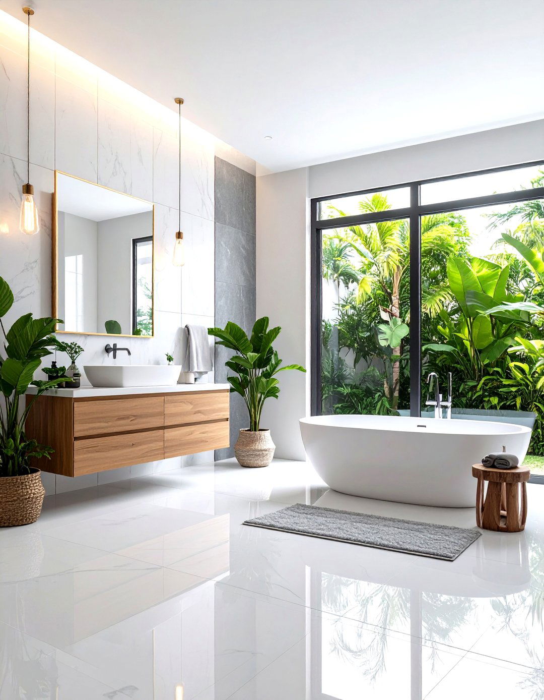 Mixed Finish Grey Tiles with White Accents - 24 Grey and White Bathroom Ideas
