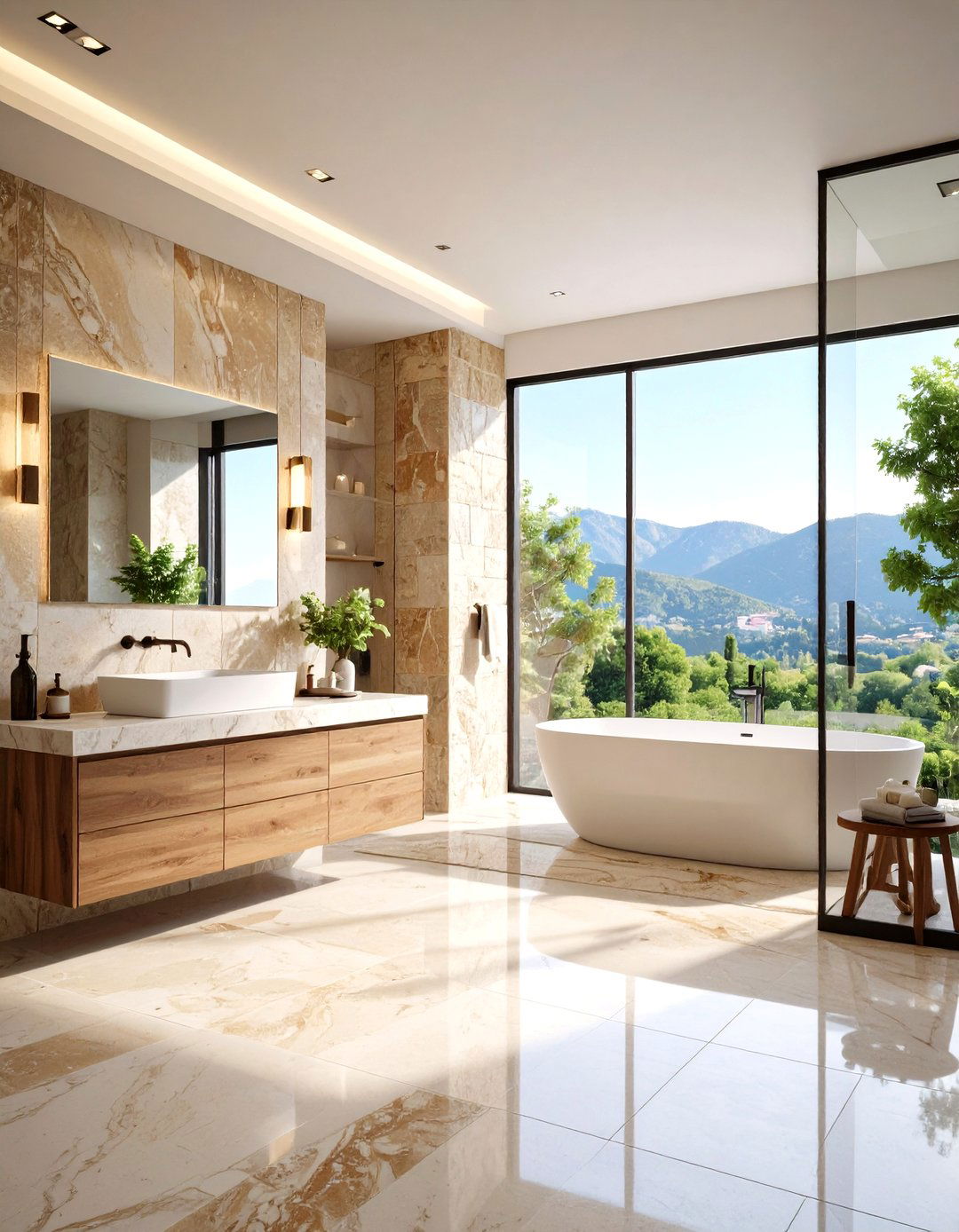 Mixed Finish Travertine Textural Contrast - 24 Travertine Tile Bathroom Ideas