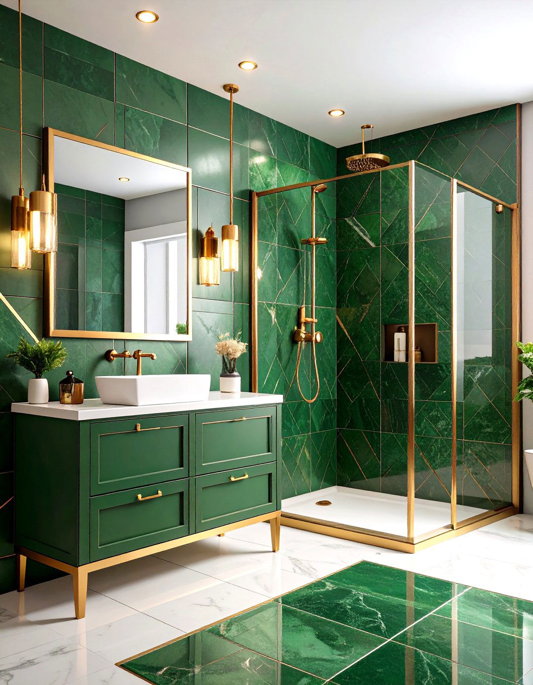 Mixed Green Tile Patterns with Gold Trim Accents - 24 Green and Gold Bathroom Ideas