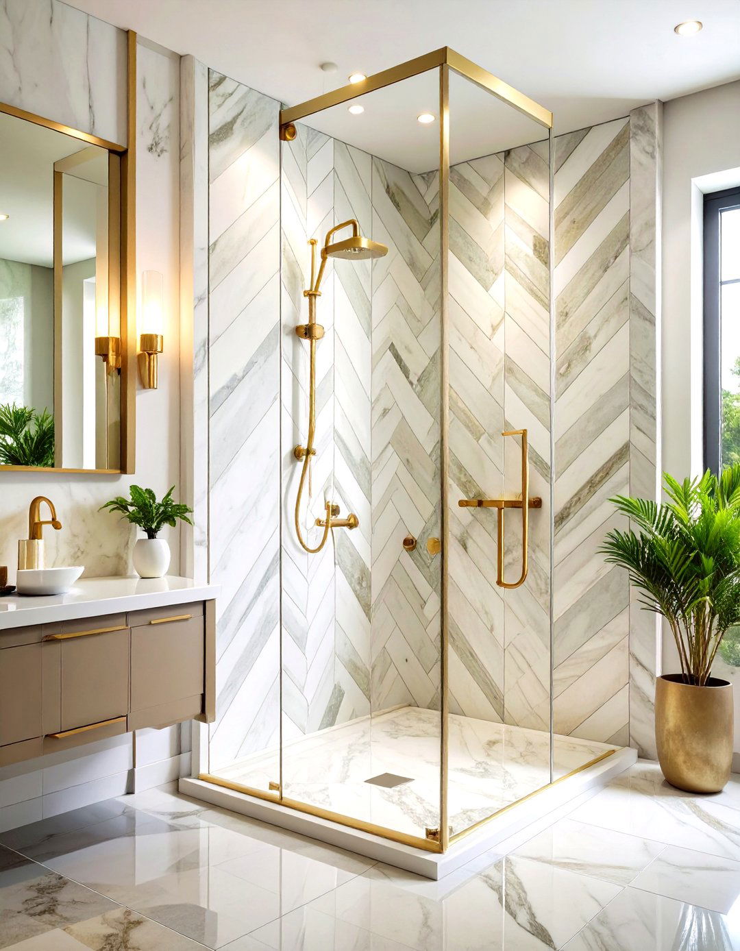 Mixed Marble Herringbone Shower Design - 24 Marble Bathroom Ideas