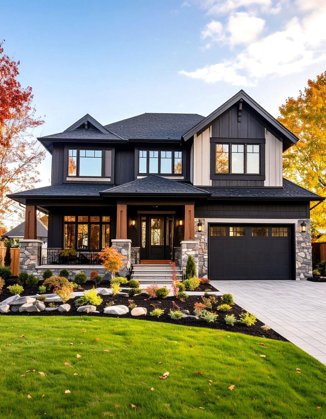 Mixed Material Black and Stone Design - 24 black siding house ideas